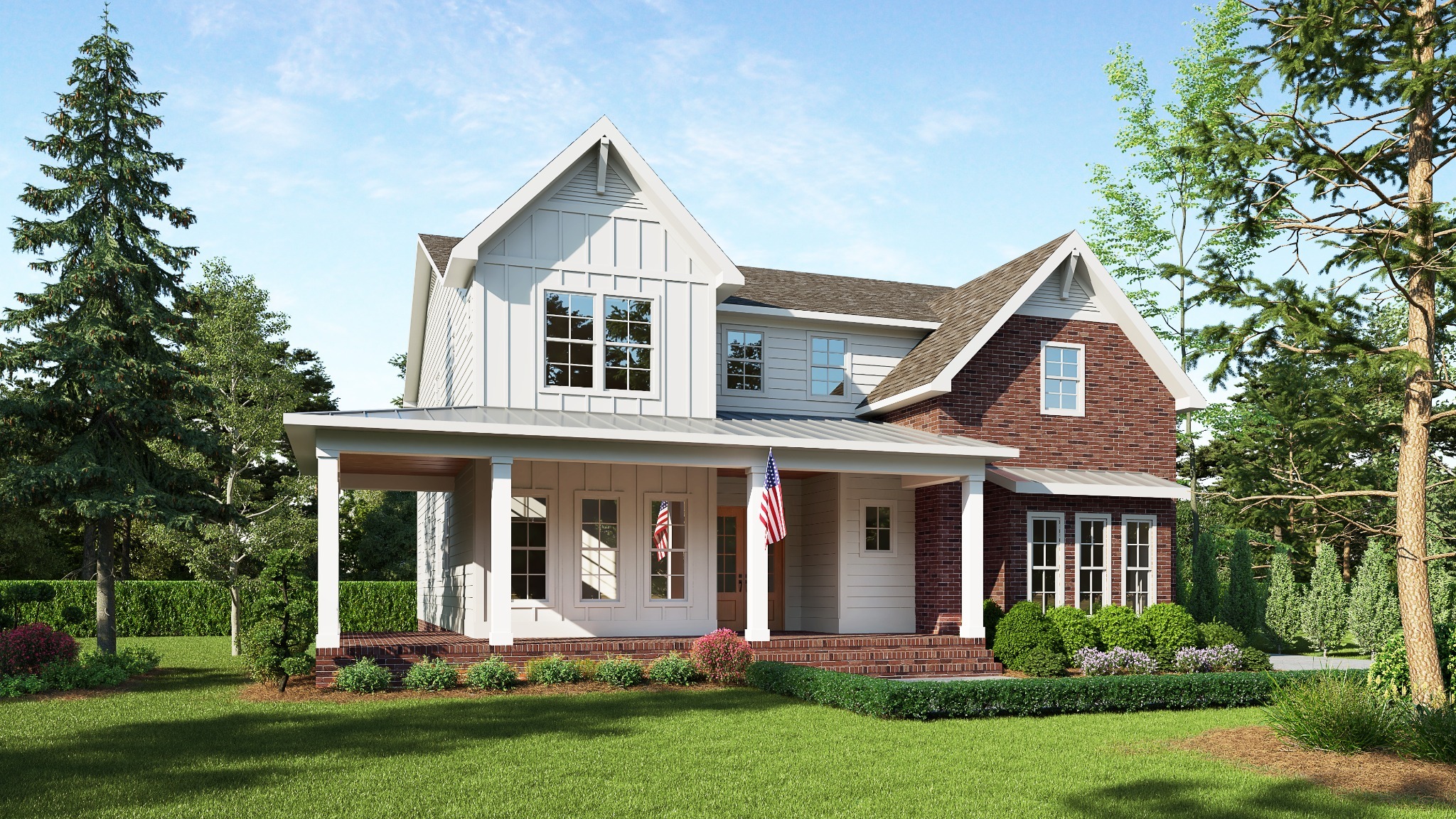 Coastal farmhouse exterior render for Wilmington NC builder home plan