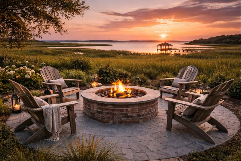 Coastal outdoor fire pit seating area overlooking marsh and water at sunset